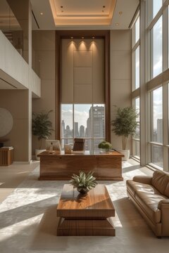 Modern Office Interior With Large Windows And City View