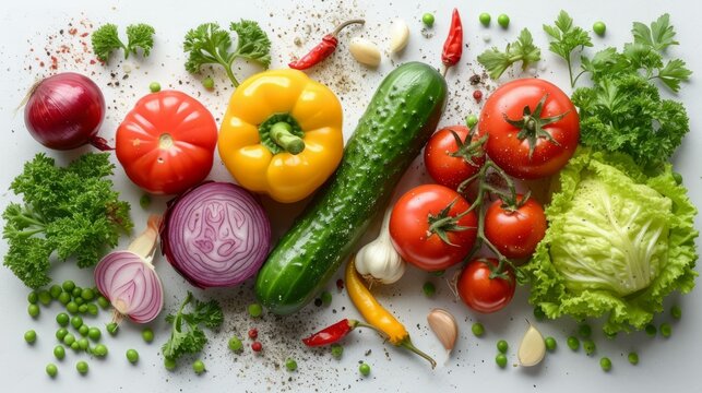Various fresh vegetables and spices on a white background
