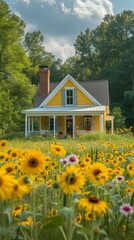 Fototapeta na wymiar Small yellow cottage in a field of sunflowers