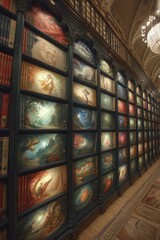 A library with many paintings on the walls