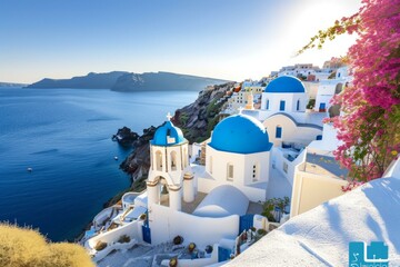 Fototapeta na wymiar Santorini, Greece. Famous whitewashed buildings with blue domed churches on a cliffside overlooking the Aegean Sea.