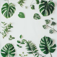 Various tropical leaves frame on white background. Flat lay, top view. Nature concept.