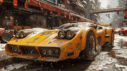 Fototapeta premium A yellow sports car is driving in a snowy street with Chinese style buildings on both sides