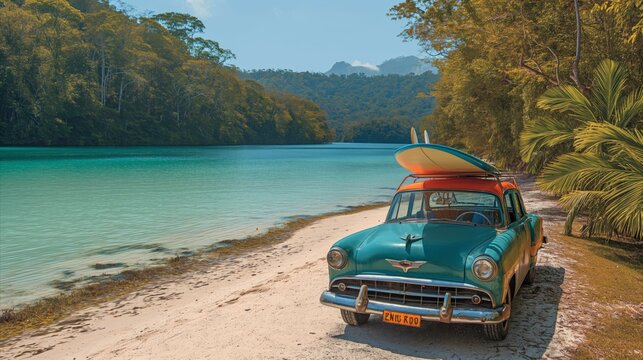 A light blue vintage car is parked on a sandy beach next to the water with a surfboard on its roof.