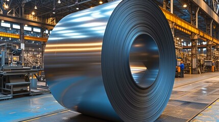 A large metal coil sits on the floor of a factory, with a worker in the background - obrazy, fototapety, plakaty