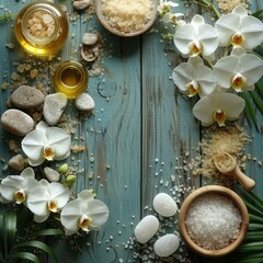 Obraz na płótnie Canvas Spa background with white orchids, salt and aroma oil