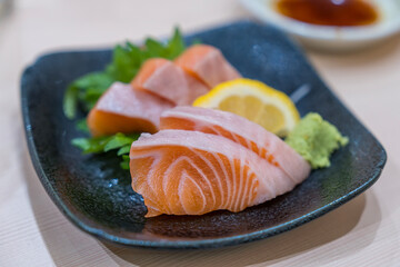 Salmon sashimi on disc. Fresh salmon slice sashimi with wasabi Japanese style.