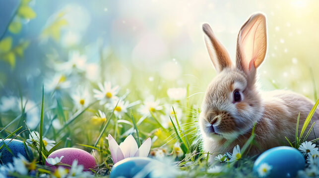 illustration of little bunny with colored easter eggs, daisies and blurred background with copyspace