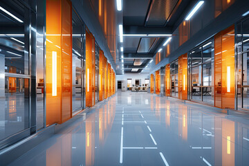 Fototapeta premium Luminous Pathways: A Mesmerizing Long Hallway With Translucent Glass Walls and Vibrant Orange Doors