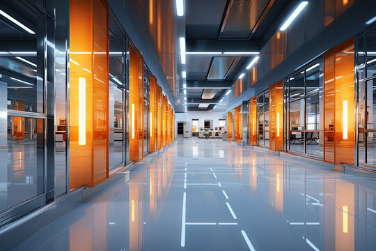 Luminous Pathways: A Mesmerizing Long Hallway With Translucent Glass Walls and Vibrant Orange Doors