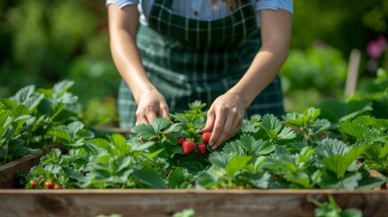 Fototapeta premium Woman Gardener in a green apron weeds strawberries in a wooden bed in summer garden