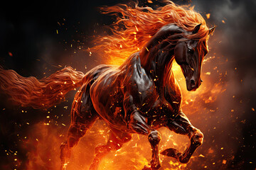 Obraz na płótnie Canvas Celestial Blaze: A Majestic Horse Galloping Through a Fiery Sky