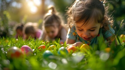 Cheerful children are looking for colorful Easter eggs in the bright green grass on a sunny day