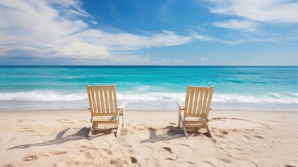 Fototapeta na wymiar Beach chairs on the sandy beach with turquoise sea in background. Generative AI