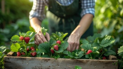 Woman Gardener in a green apron weeds strawberries in a wooden bed in summer garden