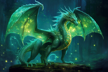Fatastic style illustration of a green dragon