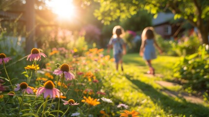 Children play in the summer sunny garden - Powered by Adobe
