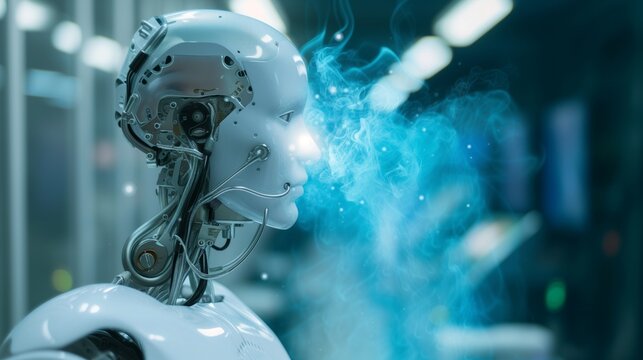A humanoid robot head with blue scent particles, symbolizing olfactory technology concept