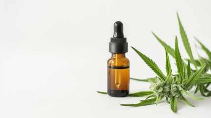 Cannabis essential oil in a glass bottle with marijuana leaves on a white background