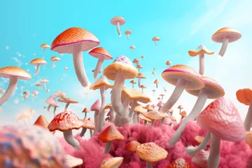 Crédence de cuisine en verre imprimé Turquoise Illustration of magic forest with beautiful big pink mushrooms