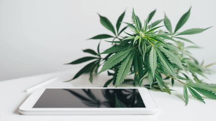 Cannabis leaf and tablet on white table with copy space. Smartphone with blank screen.