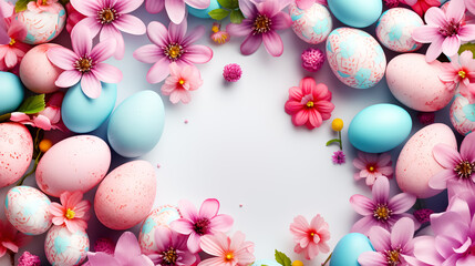 Fototapeta na wymiar Colorful easter eggs and flowers on white background with copy space. Top view with copy space. Greeting card on an Easter theme. Happy Easter concept.