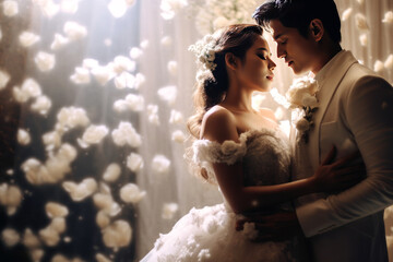 Young asian couple in love in wedding clothes - obrazy, fototapety, plakaty