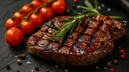 Delicious grilled beef steak with cherry tomatoes and a sprig of rosemary