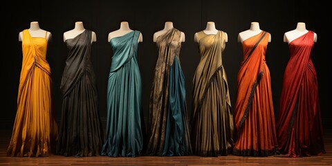 Elegant draped evening gowns on mannequins in a row with dramatic lighting