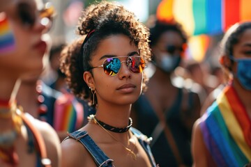 A diverse group of people in the street with rainbow flags - obrazy, fototapety, plakaty