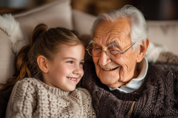 Grandfather with his granddaughter, laughing together and have a cheerful time