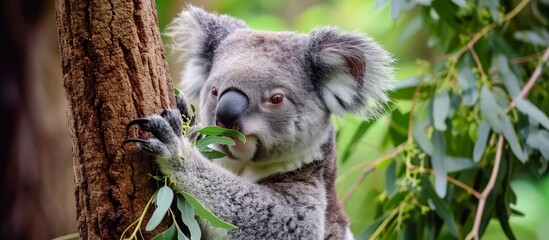 Obraz premium Adorable Koala Savoring Eucalypt Leaf While Feeding its Cute Young Koalas