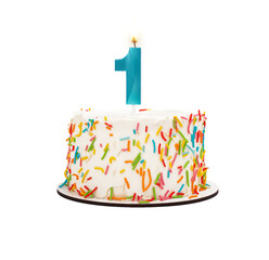 1 shaped candle light on happy birthday cake isolated on white background, transparent png