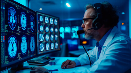 A neuroradiologist analyzes a brain MRI while pointing with a pen and dictating a report through a headset microphone