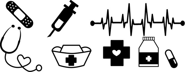 Heartbeat, nurse uniform hat, plaster, string, stethoscope, red cross with heart, medicine, pill, medicine and hospital vector graphics, cure, take care of the patient with love, save life, medicate, - obrazy, fototapety, plakaty