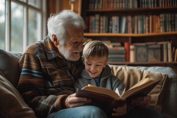 Grandfather with his grandson, reading an old book together and have a cheerful time.	 - obrazy, fototapety, plakaty