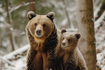 Fototapeta premium Big brown bear with her cub in winter forest