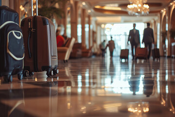 Modern hotel lobby interior with tourists and suitcases
