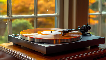 Capturing the essence of nostalgia, a vintage record player plays a melodic tune from a vinyl...