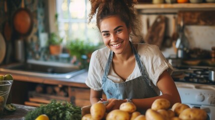 Young woman peeling potatoes in the kitchen while sitting on a stool and smiling - obrazy, fototapety, plakaty