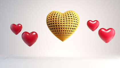 3D Rendering of Gold Valentine Heart with floating red hearts