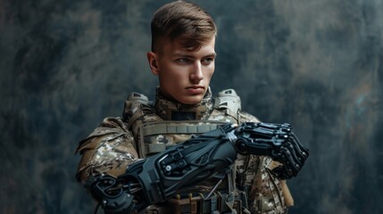 Young handsome military man with bionic prosthetic arm