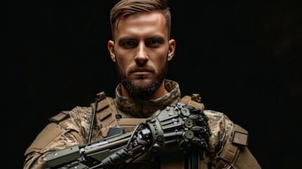 Fototapeta premium Young handsome military man with bionic prosthetic arm