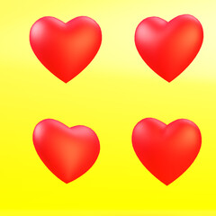 3D Render of Floating Red Hearts on yellow background