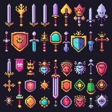 Set of pixel game icons. Game elements for mobile games and applications. Set of pixel art icons featuring medieval-themed game assets of swords, shields, and crowns. 