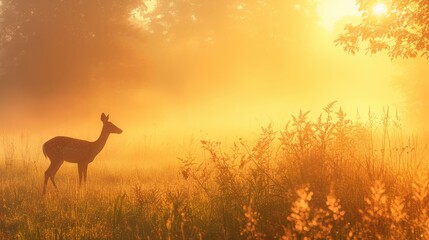 Fawn in the morning mist at the lake. 3d render. A tranquil sunrise over a mist-covered meadow, featuring a grazing deer. The warm golden tones convey a sense of purity and renewal.