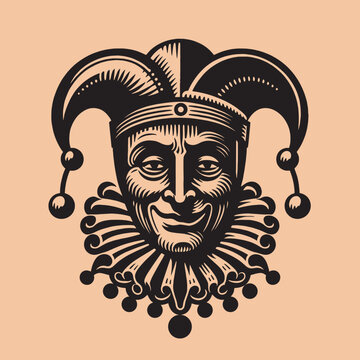 Medieval jester face. Vintage engraving vector illustration. Logo, emblem, woodcut. Black and white line art. Isolated object