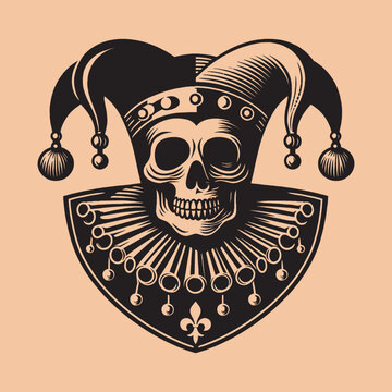 Medieval jester skull. Vintage engraving vector illustration. Logo, emblem, woodcut. Black and white line art. Isolated object