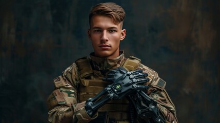 Fototapeta premium Young handsome military man with bionic prosthetic arm