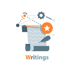 Copywriting, writing icon. Document and feather pen. Creative writing and storytelling, education concept